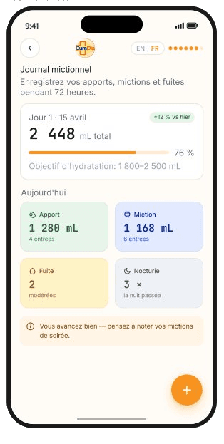 Écran d'accueil du carnet mictionnel montrant la progression du jour 1, les totaux quotidiens d'apports, de mictions, de fuites, de nocturie et une feuille pour ajouter une entrée.